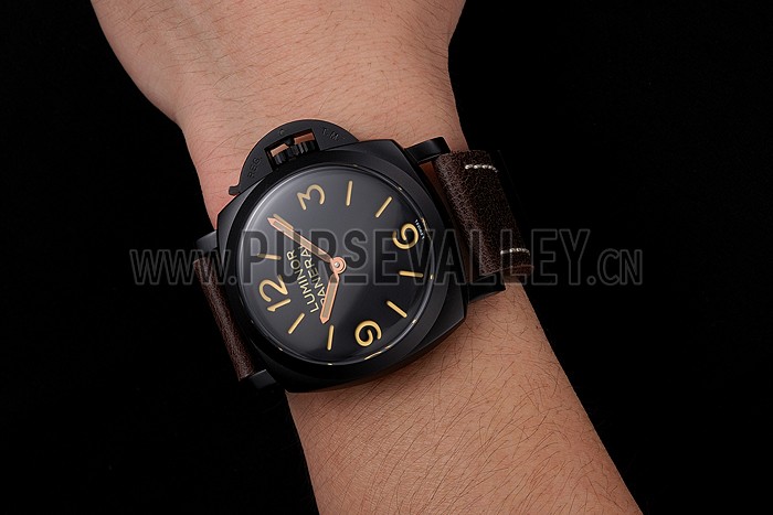 Swiss Panerai Luminor Black Dial Black PVD Case Brown Leather Strap 1453855