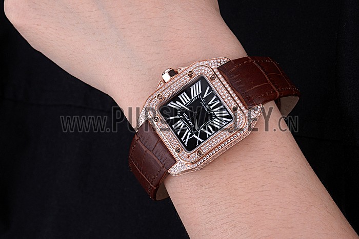 Swiss Cartier Santos Black Dial Diamonds Case Brown Leather Bracelet 622550