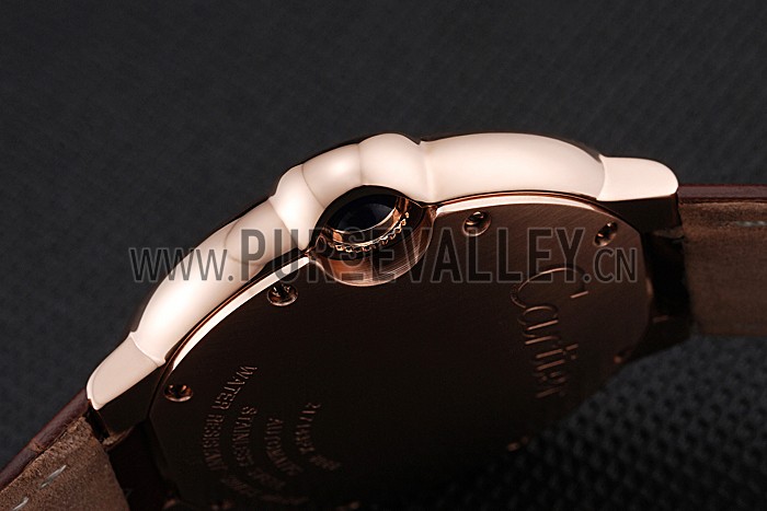 Swiss Ballon Blue De Cartier Gold Case White Dial Roman Numerals Brown Leather Bracelet 622651