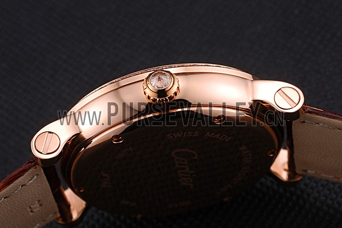 Cartier Rotonde Brown Dial Gold Case With Jewels Brown Leather Strap 622759