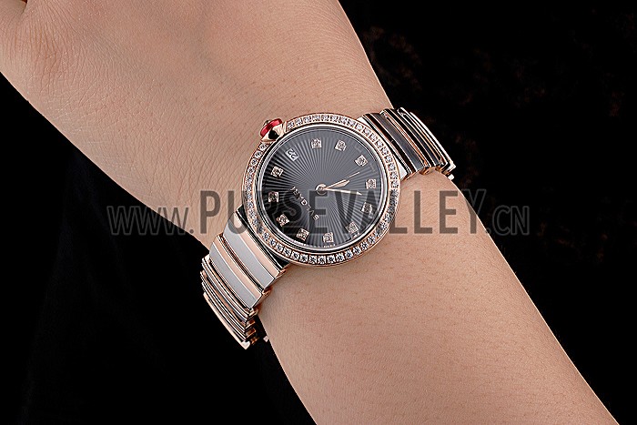 Bvlgari Lvcea Black Dial Diamond Hour Markings Rose Gold Case With Diamonds Two Tone Bracelet
