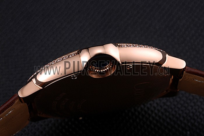 Swiss Cartier Ballon Bleu Diamond Case Black Dial Brown Leather Bracelet 622679