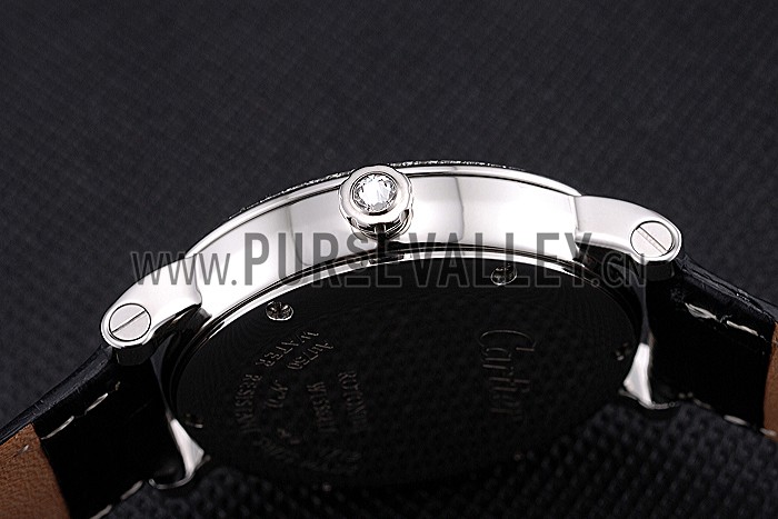 Cartier Ronde Second Time Zone White Dial Stainless Steel Case With Diamonds Black Leather Strap 622804