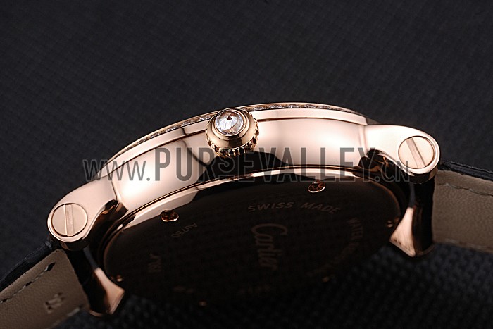 Cartier Rotonde Black And White Dial Gold Case With Jewels Black Leather Strap 622758