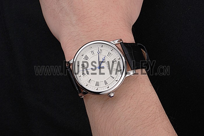 Cartier Rotonde Date White Dial Stainless Steel Case Black Leather Strap