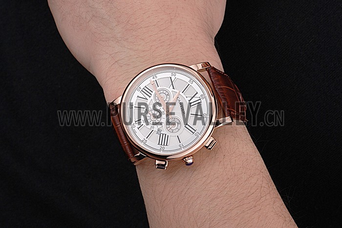Cartier Rotonde Chronograph White Dial Rose Gold Case Brown Leather Strap