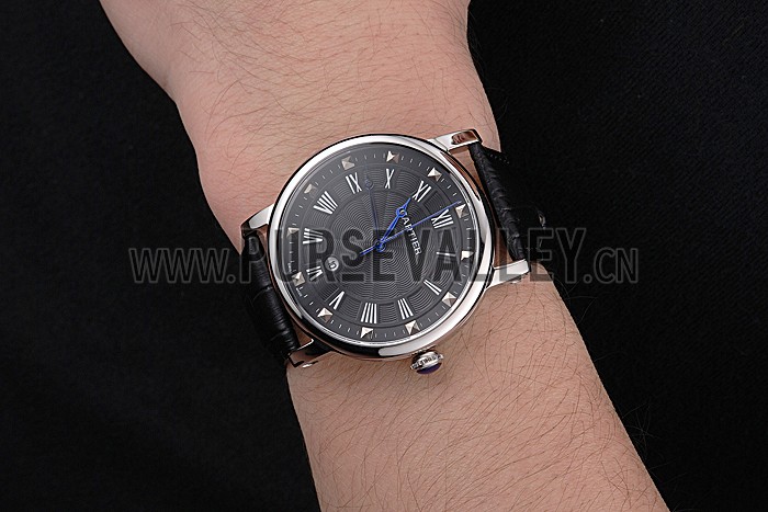 Cartier Rotonde Date Black Dial Stainless Steel Case Black Leather Strap