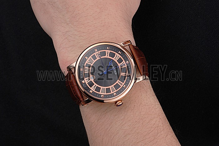 Cartier Rotonde Date Black Dial Rose Gold Case Brown Leather Strap