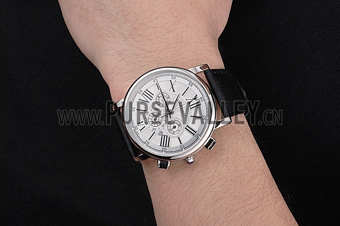 Cartier Rotonde Chronograph White Dial Stainless Steel Case Black Leather Strap