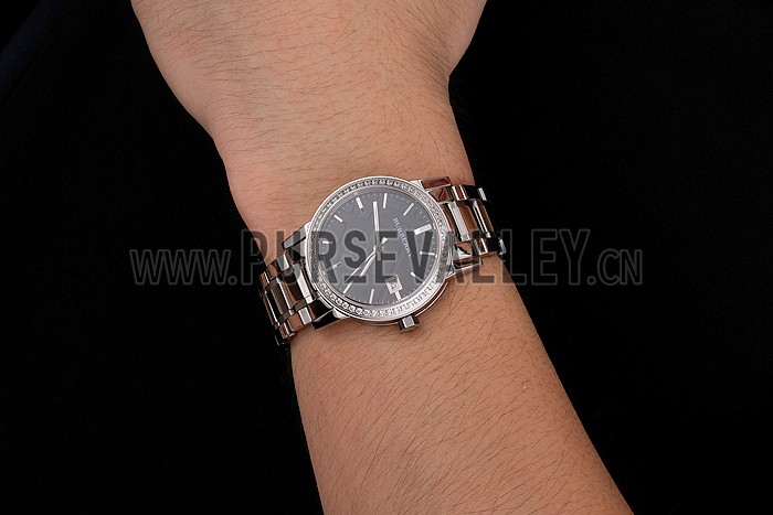 Burberry The City Black Dial Diamond Bezel Stainless Steel Case And Bracelet