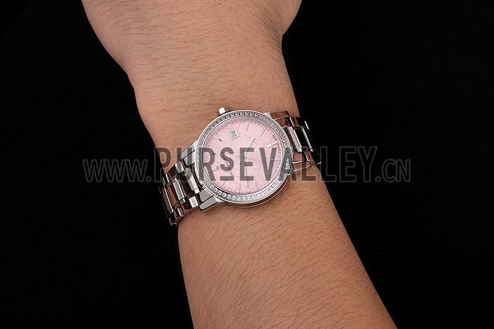 Burberry The City Pink Dial Diamond Bezel Stainless Steel Case And Bracelet