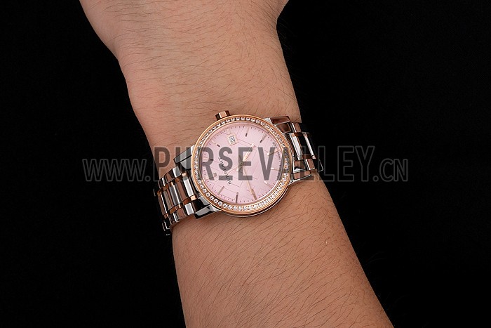 Burberry The City Pink Dial Rose Gold Diamond Bezel Stainless Steel Case Two Tone Bracelet