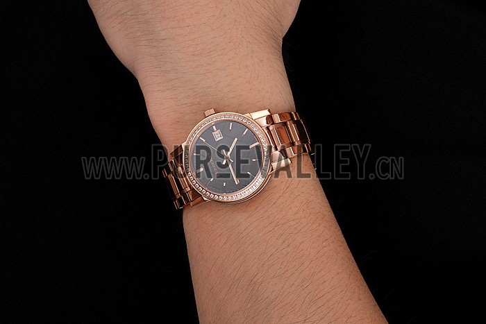 Burberry The City Black Dial Diamond Bezel Rose Gold Case And Bracelet