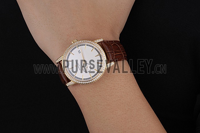 Swiss Vacheron Constantin Patrimony Contemporaine Gold Diamond Case White Dial Brown Leather Bracelet 622686