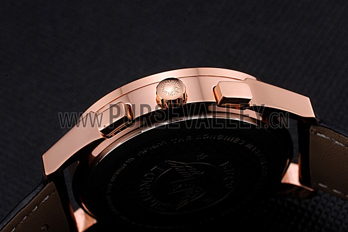 Longines Column Wheel Black Dial Gold Case Black Leather Strap