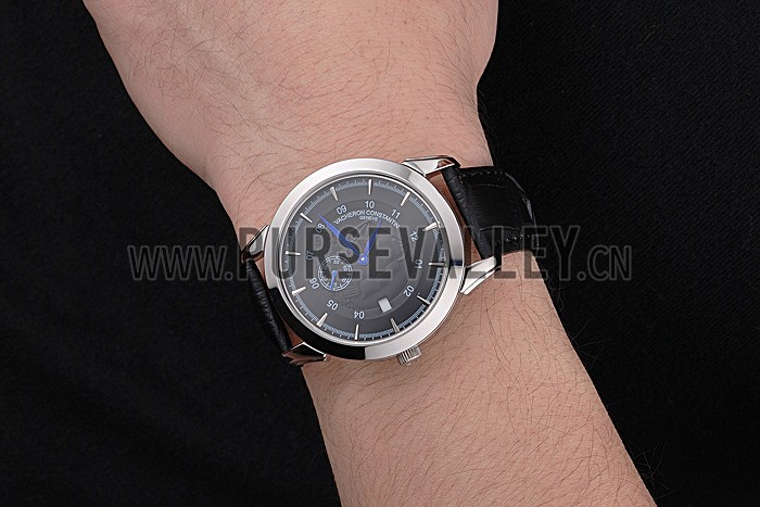 Vacheron Constantin Traditionnelle Black Ship Dial Stainless Steel Case Black Leather Strap