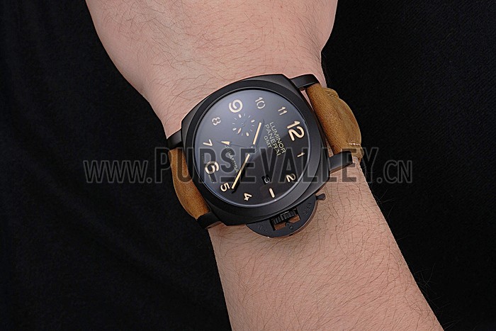 Panerai Luminor 1950 GMT Ceramica Black Dial Matte Black Case Brown Suede Leather Strap