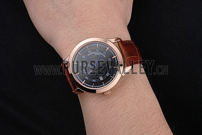 Vacheron Constantin Traditionnelle Black Ship Dial Rose Gold Case Brown Leather Strap