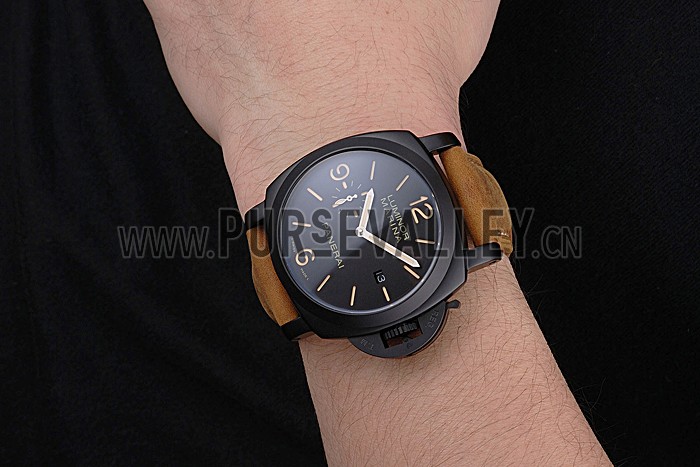 Panerai Luminor Marina Black Dial Matte Black Steel Case Brown Suede Leather Strap