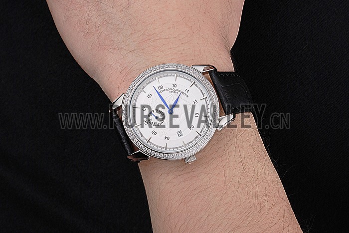 Vacheron Constantin Traditionnelle White Ship Dial Stainless Steel Case With Diamonds Black Leather Strap