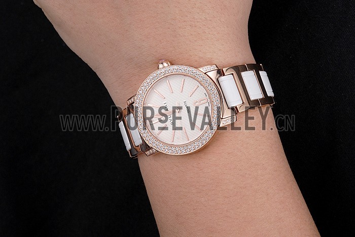 Bvlgari Bvlgari White Embossed Dial Gold Case Diamond Bezel Two Tone Bracelet