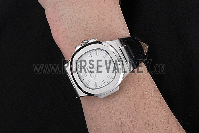 Patek Philippe Nautilus White Dial Brushed Stainless Steel Case Black Leather Strap