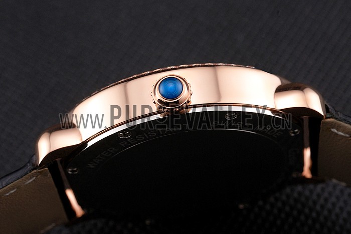 Cartier Ronde Louis Cartier Black Dial Gold Case Diamond Bezel Black Leather Strap