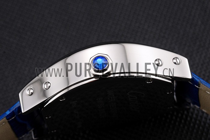 Cartier Tortue Large Date White Dial Stainless Steel Case Blue Leather Strap