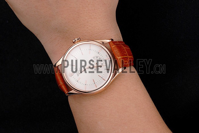 Swiss Rolex Cellini White Dial Rose Gold Case Light Brown Leather Strap