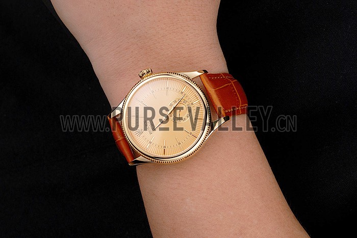 Swiss Rolex Cellini Gold Dial Gold Case Light Brown Leather Strap