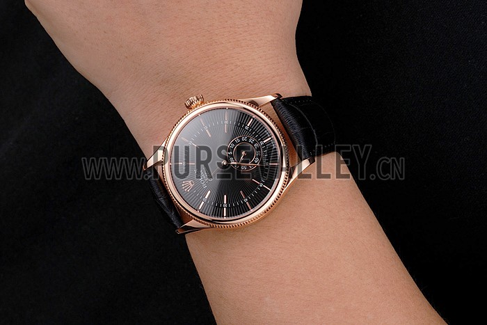 Swiss Rolex Cellini Black Dial Rose Gold Case Black Leather Strap