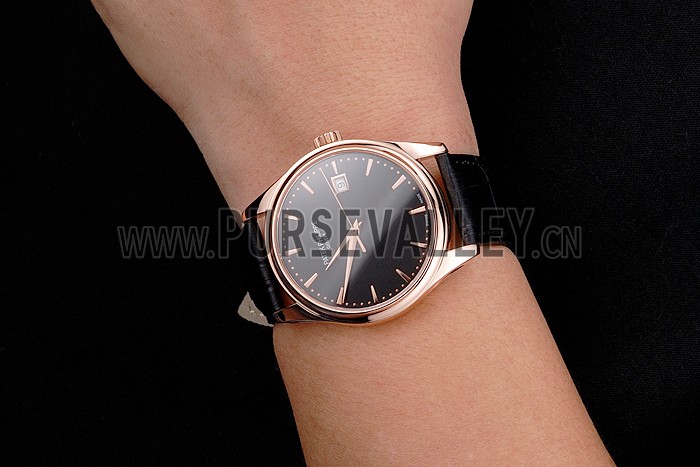 Swiss Patek Philippe Calatrava Black Dial Rose Gold Case Black Leather Strap