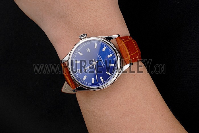 Swiss Rolex Datejust Blue Dial Stainless Steel Case Light Brown Leather Strap