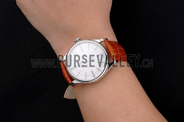 Swiss Rolex Cellini White Dial Roman Numerals Stainless Steel Case Light Brown Leather Strap