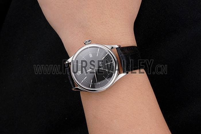 Swiss Rolex Cellini Date Black Dial Stainless Steel Case Black Leather Strap