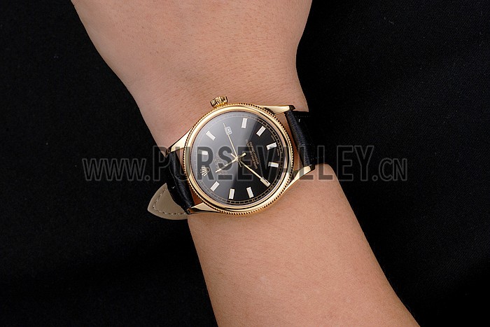 Swiss Rolex Datejust Black Dial Gold Case Black Leather Strap