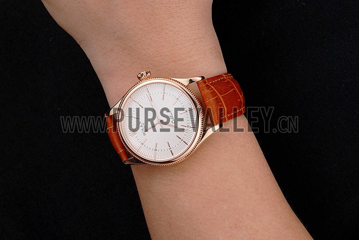 Swiss Rolex Cellini White Dial Rose Gold Case Brown Leather Strap