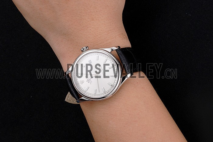 Swiss Rolex Datejust White Dial Stainless Steel Case Black Leather Strap