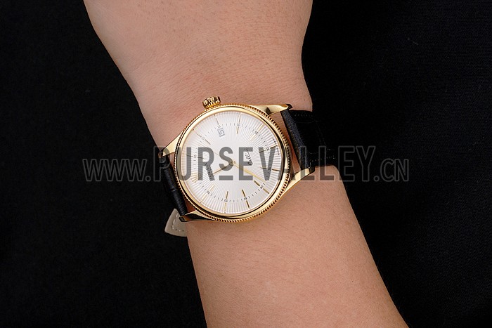 Swiss Rolex Cellini Date White Dial Gold Case Black Leather Strap