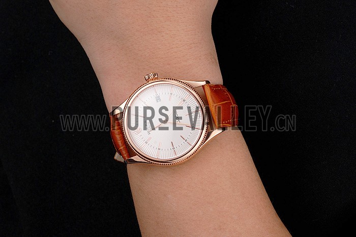 Swiss Rolex Cellini Date White Dial Rose Gold Case Brown Leather Strap