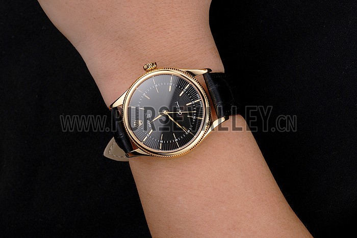 Swiss Rolex Cellini Black Dial Gold Markings Gold Case Black Leather Strap
