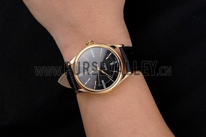 Swiss Rolex Cellini Black Dial Roman Numerals Gold Case Black Leather Strap