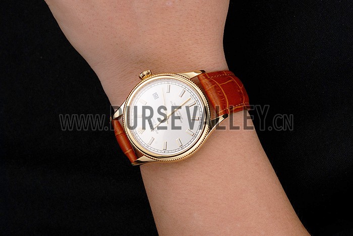 Swiss Rolex Datejust White Dial Gold Case Light Brown Leather Strap