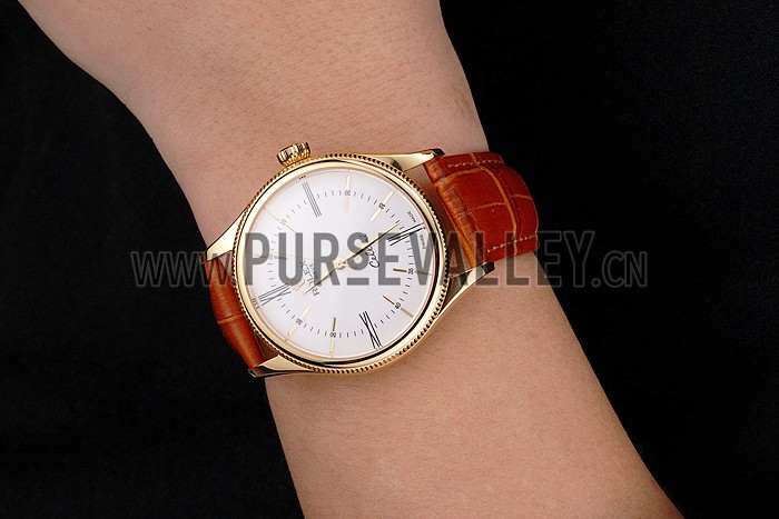Swiss Rolex Cellini White Dial Roman Numerals Gold Case Light Brown Leather Strap