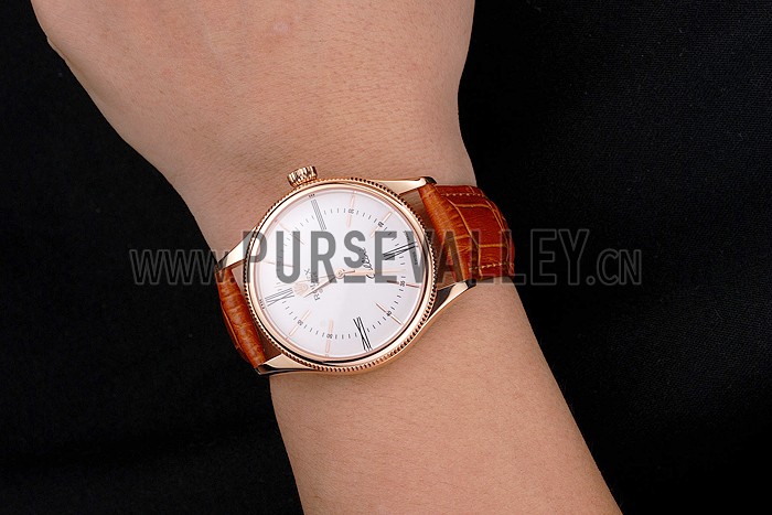 Swiss Rolex Cellini White Dial Roman Numerals Rose Gold Case Light Brown Leather Strap