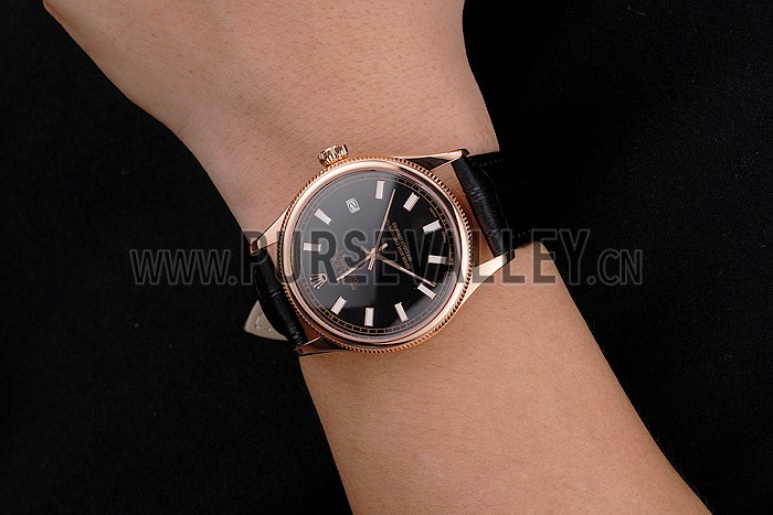Swiss Rolex Datejust Black Dial Rose Gold Case Black Leather Strap