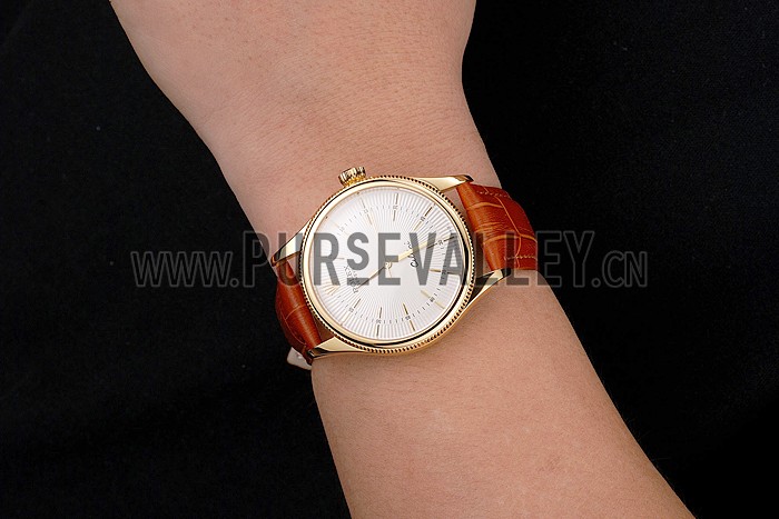 Swiss Rolex Cellini White Guilloche Dial Gold Case Light Brown Leather Strap