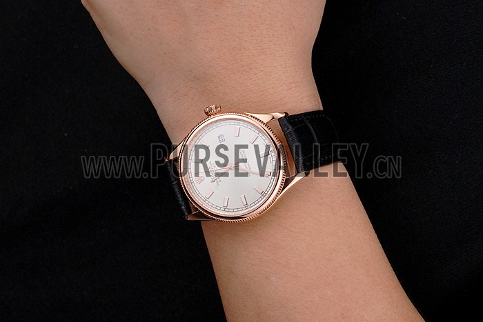 Swiss Rolex Datejust White Dial Rose Gold Case Black Leather Strap