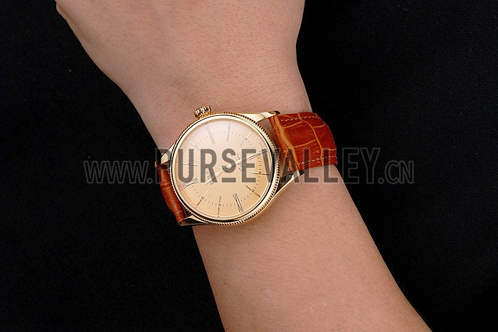 Swiss Rolex Cellini Gold Dial Roman Numerals Gold Case Light Brown Leather Strap