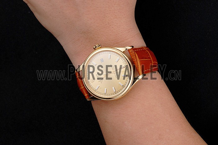Swiss Rolex Datejust Gold Dial Gold Case Light Brown Leather Strap